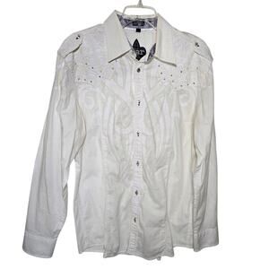 Roar Mens Shirt White on White Heavy Embroidery Rhinestones Shotgun Cuffs XL